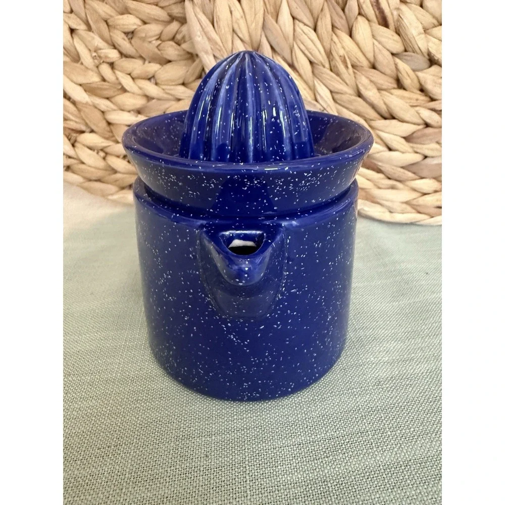 Vintage Rare Blue And White Speckled Ceramic Juicer And Small Pitcher